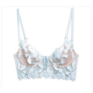 Fleur du Mal Lily Embroidered Sheer Mesh Coquette Silk Glacier Bra Size 40G NWT